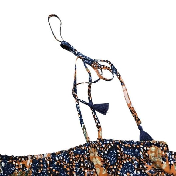 Madewell Top Women's Small Sea Floral 100% Silk Tassel Tie Off-Shoulder Blouse - Picture 4 of 7